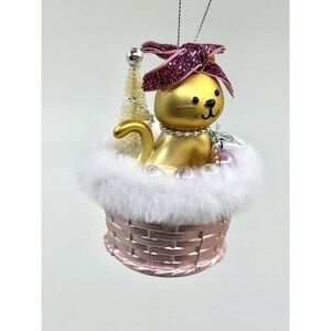 Sparkle Pink Cat in Silver Basket Christmas Ornament Cracker Barrel New Read*